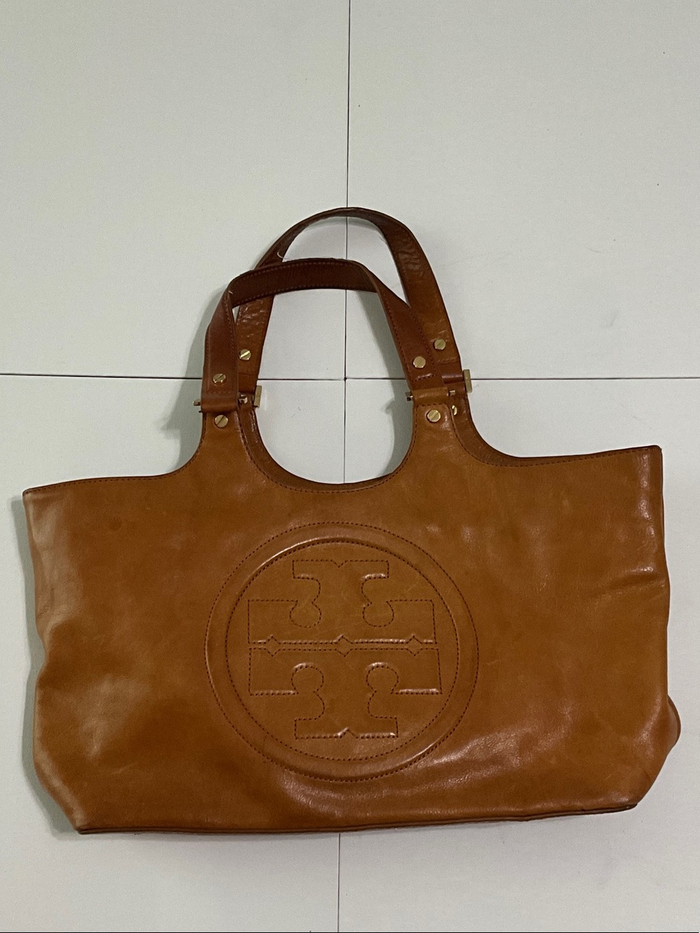 Tory Burch Cognac Leather Tote with Embossed Logo